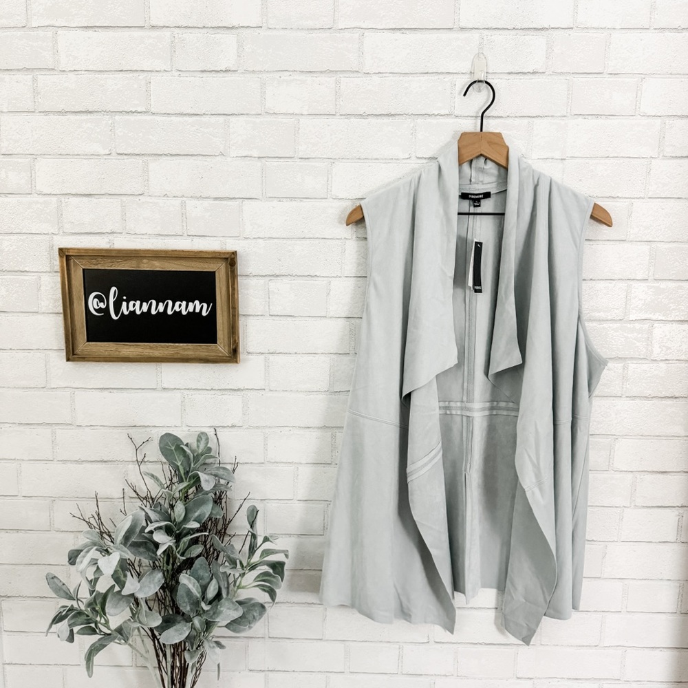 PREMISE Silvery Faux Leather Open Front Drape Vest
